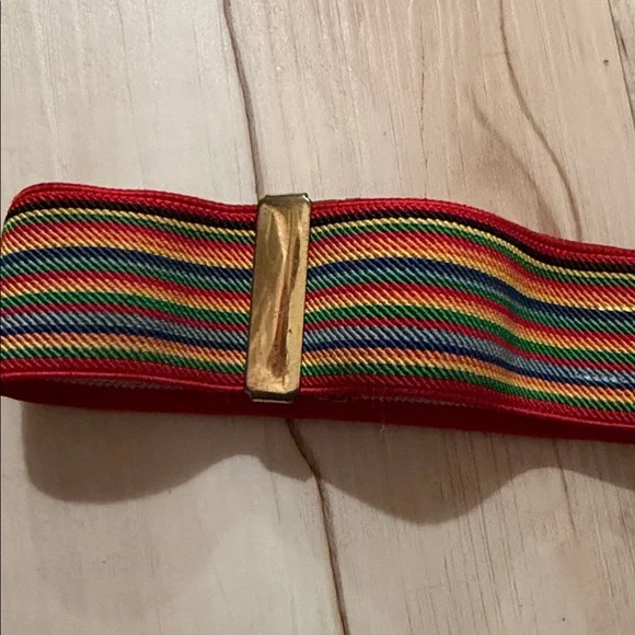 Vtg Gold-Tone Red Multi-Stripe Elastic Waist Belt, Sz Sm/Med - Picture 3 of 7